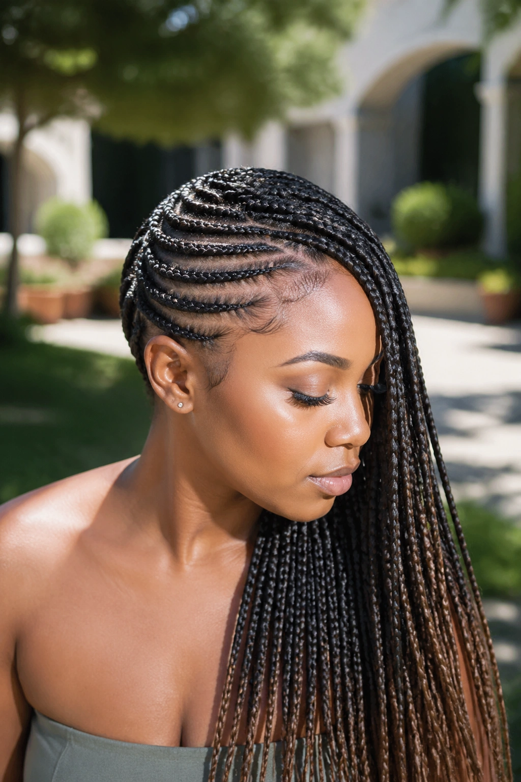 Portrait of a woman with lemonade-style diagonal feed-in cornrows