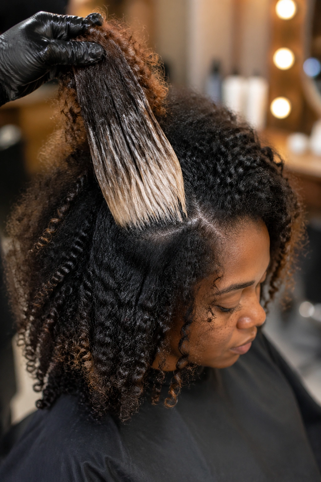 Close-up of lifted strand during purple balayage in a salon