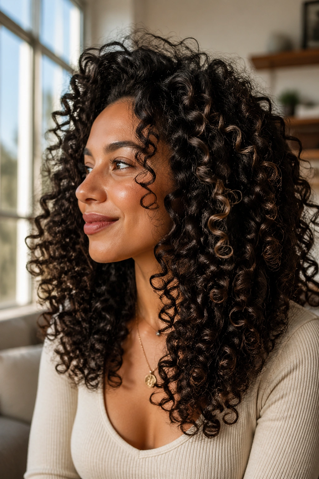 Three-quarter profile of a real person showing voluminous thick curls