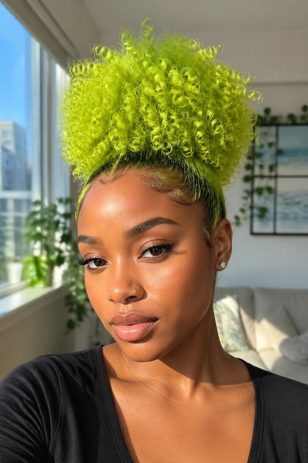 Close-up of a real woman's lime green high puff hairstyle