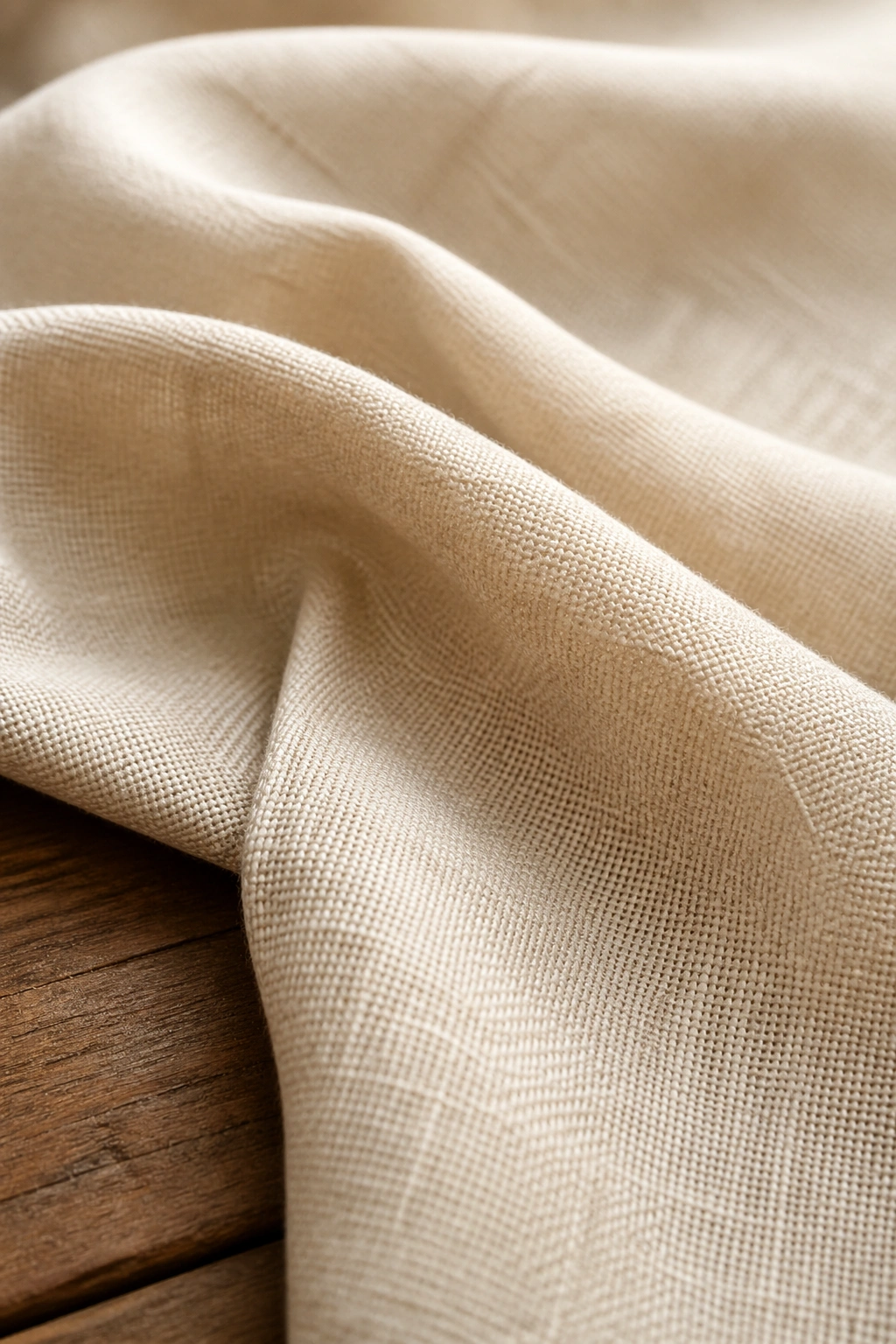 Close-up of linen fabric texture in warm ivory on wood