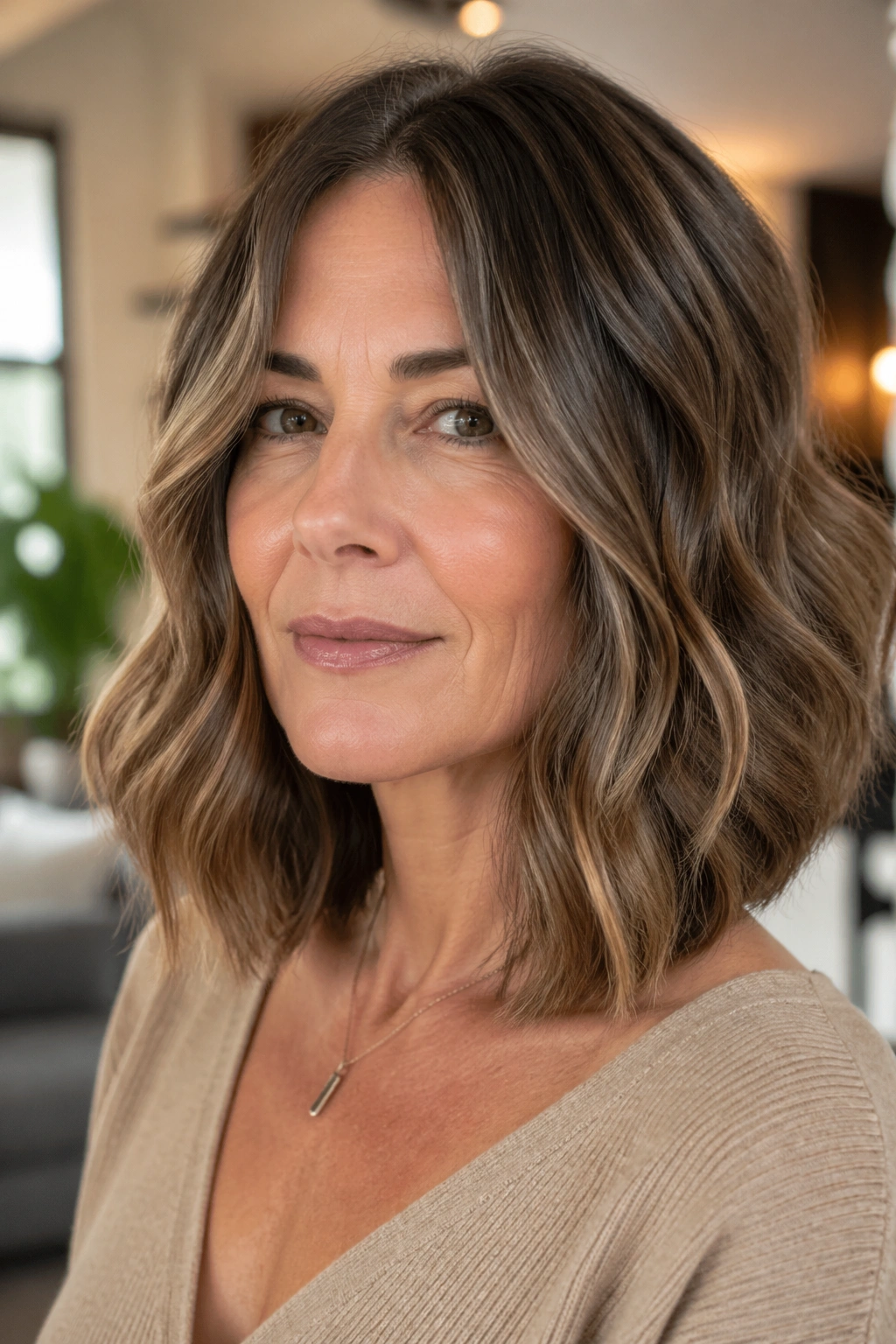 Close-up of a woman with a one-length lob and hidden layers in warm living room light