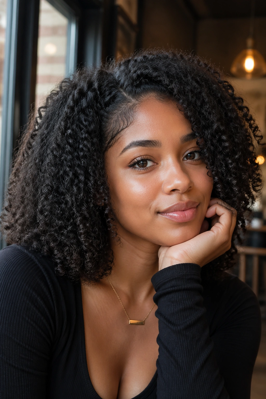 Close-up of a real woman with a shoulder-length lob on natural hair