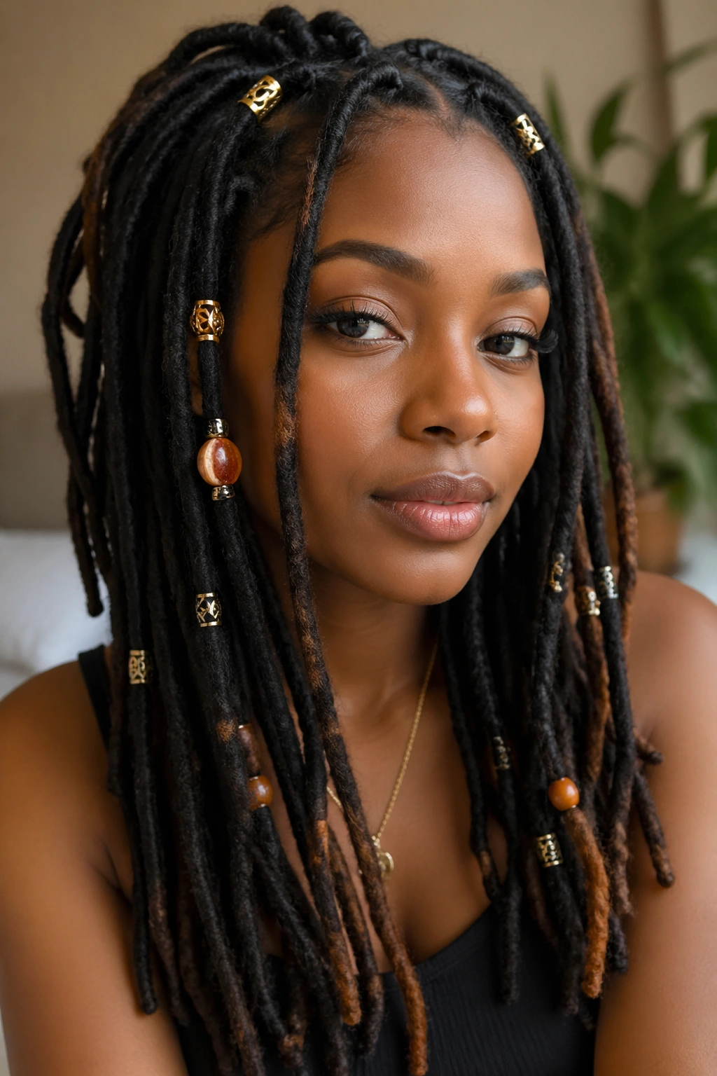 Close-up of a woman with locs adorned with clips, beads, and cuffs