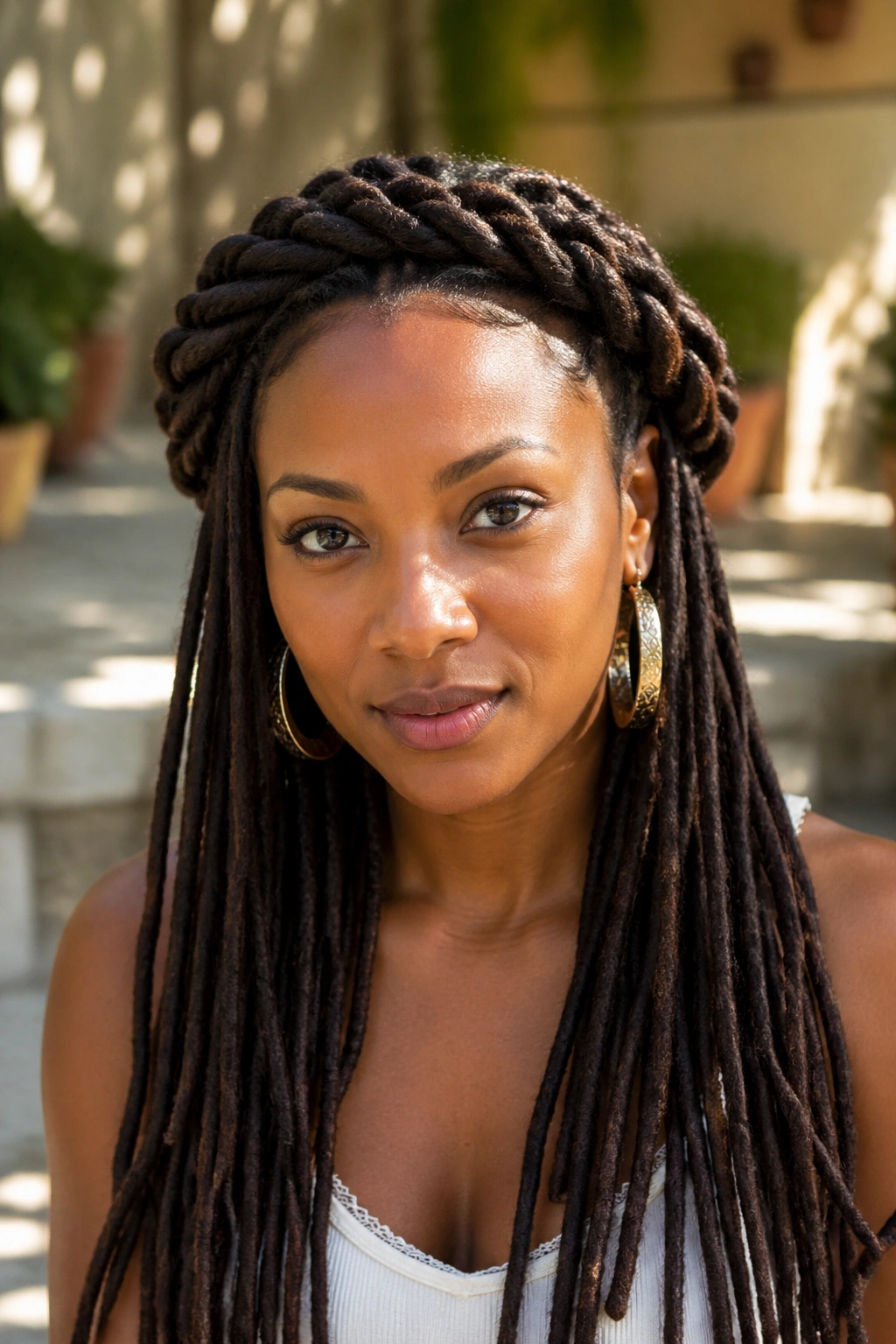 Close-up of a real woman with loc crown braid