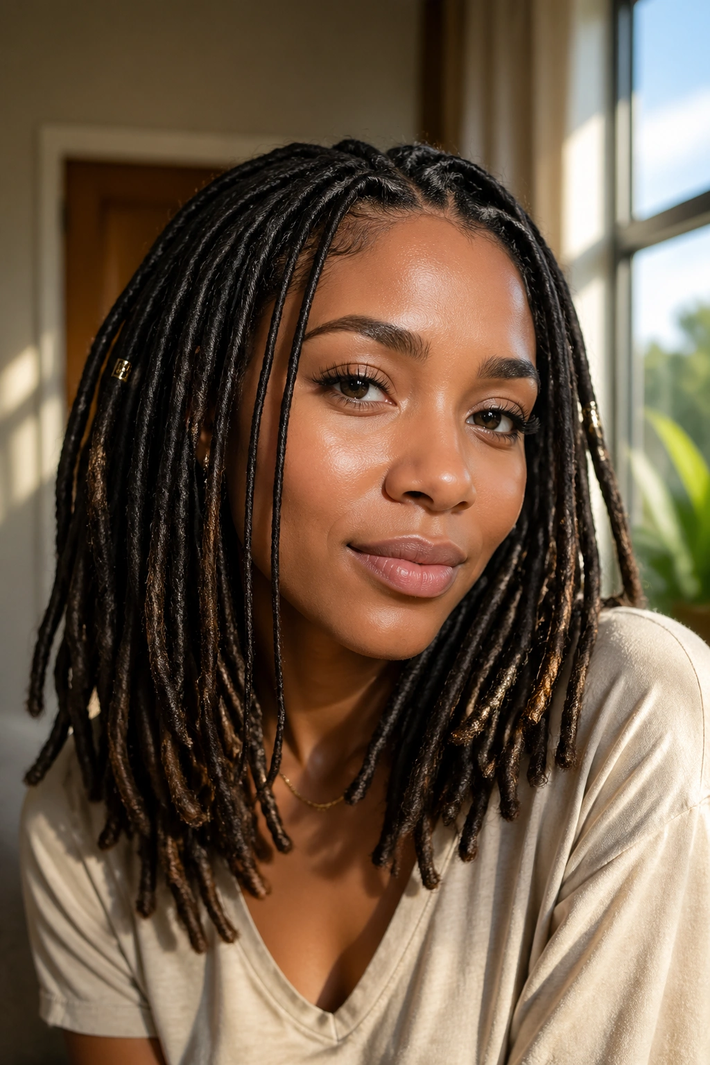 Close-up portrait of a woman with mixed-thickness locs draping over shoulders