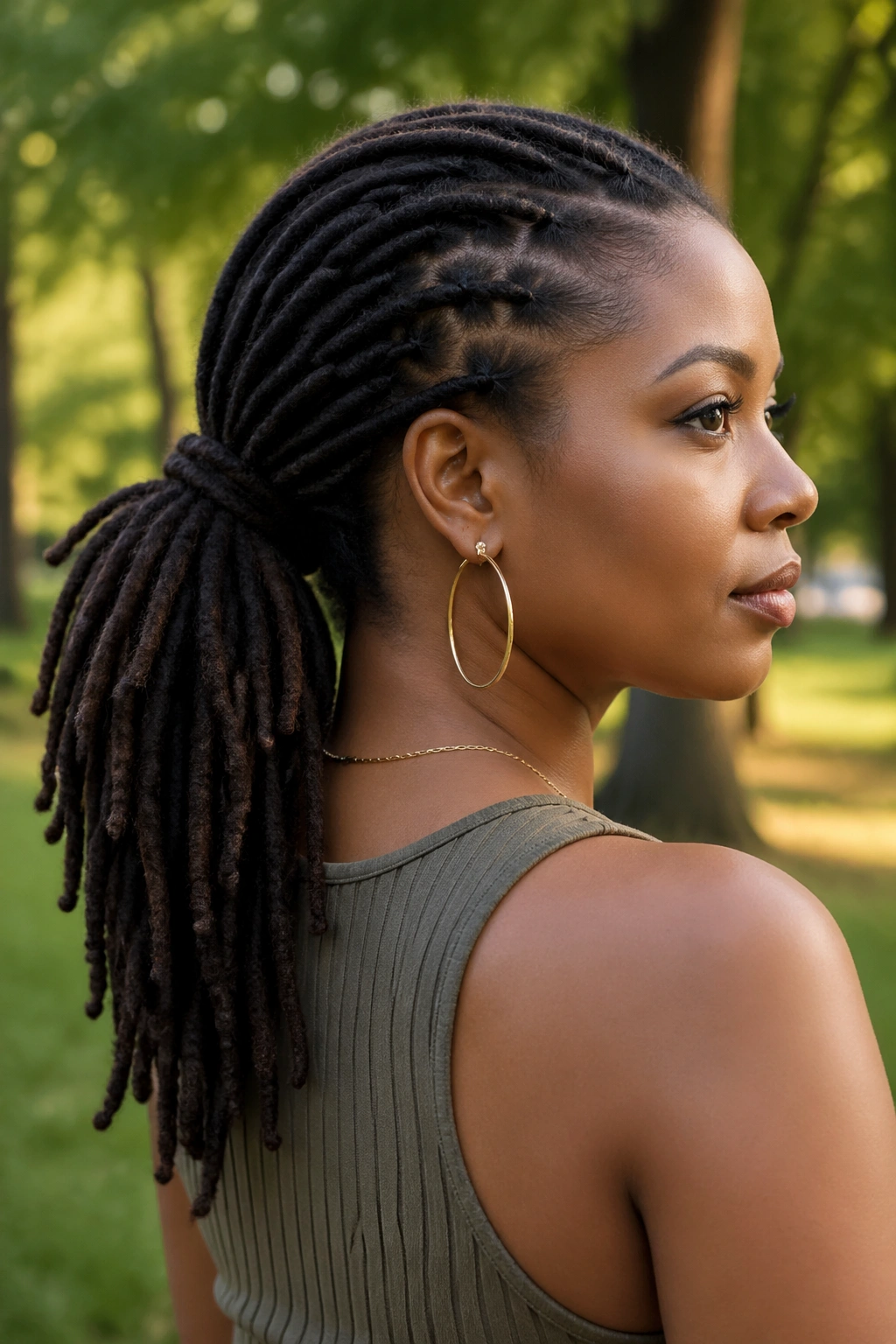 Close-up of a real woman with loc ponytail at nape