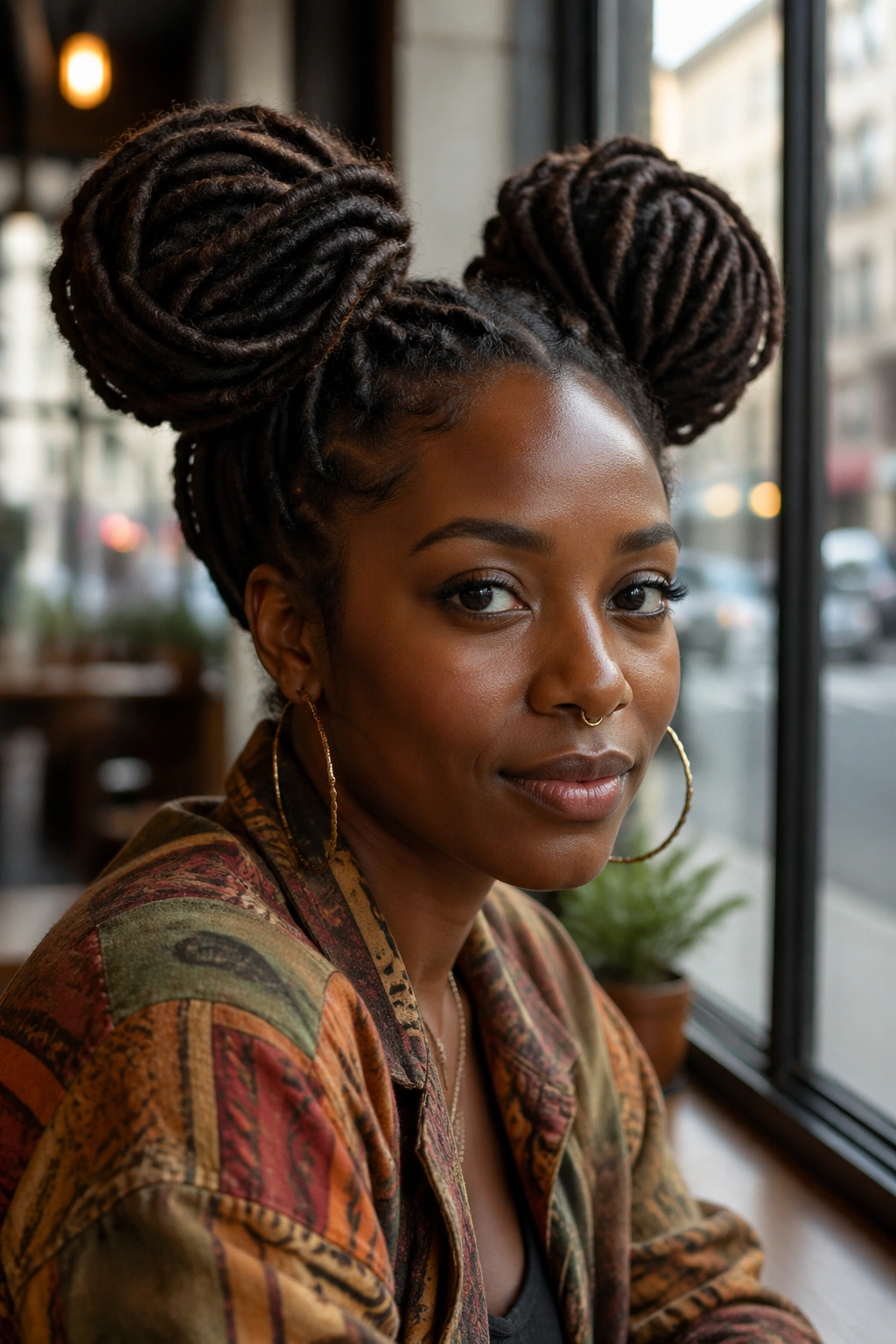 Close-up of a real woman with loc space buns