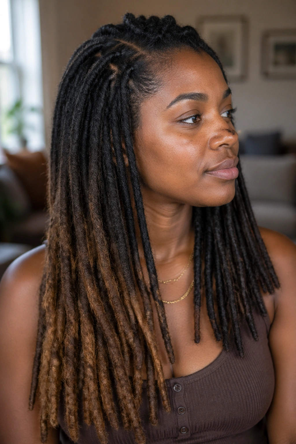 Close-up portrait of a real woman with locs showing starter to maturing stages along the length