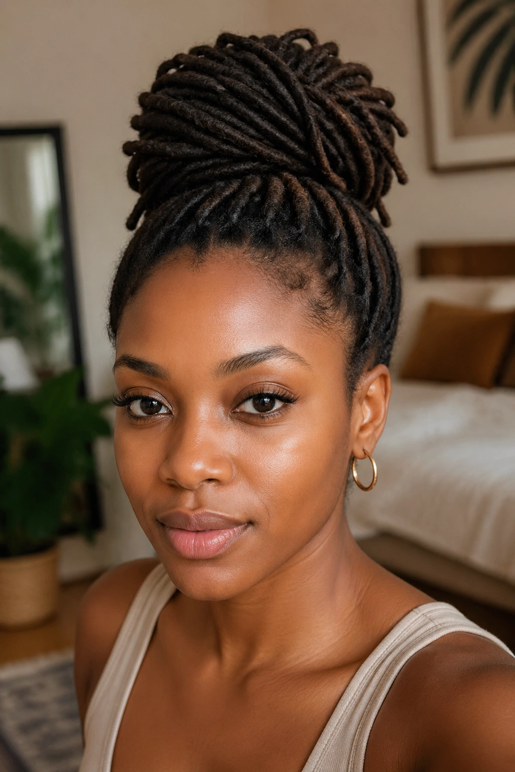 Close-up of a real woman with loc Updo Bun at the crown