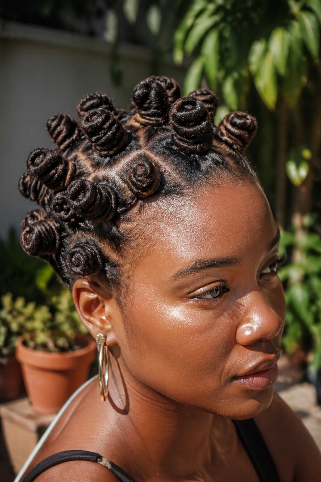 Close-up of a real woman with locs shaped into neat Bantu knots in a sunny outdoor setting