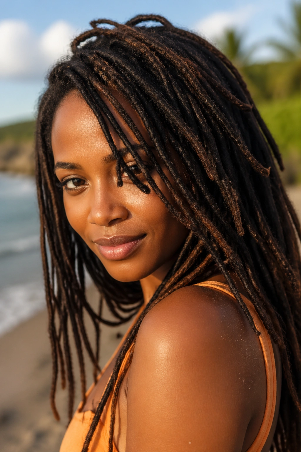 Close-up of locs on a real person at the beach