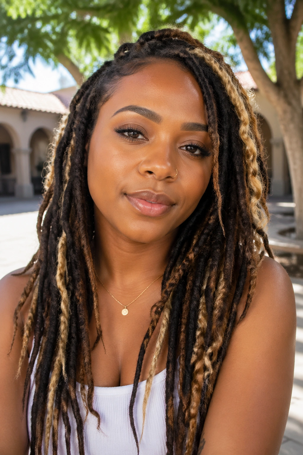 Close-up of a person with locs and blonde highlights on the outer surface