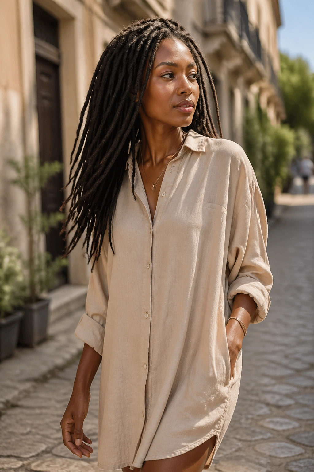 Woman wearing shirt dress with locs down outdoors