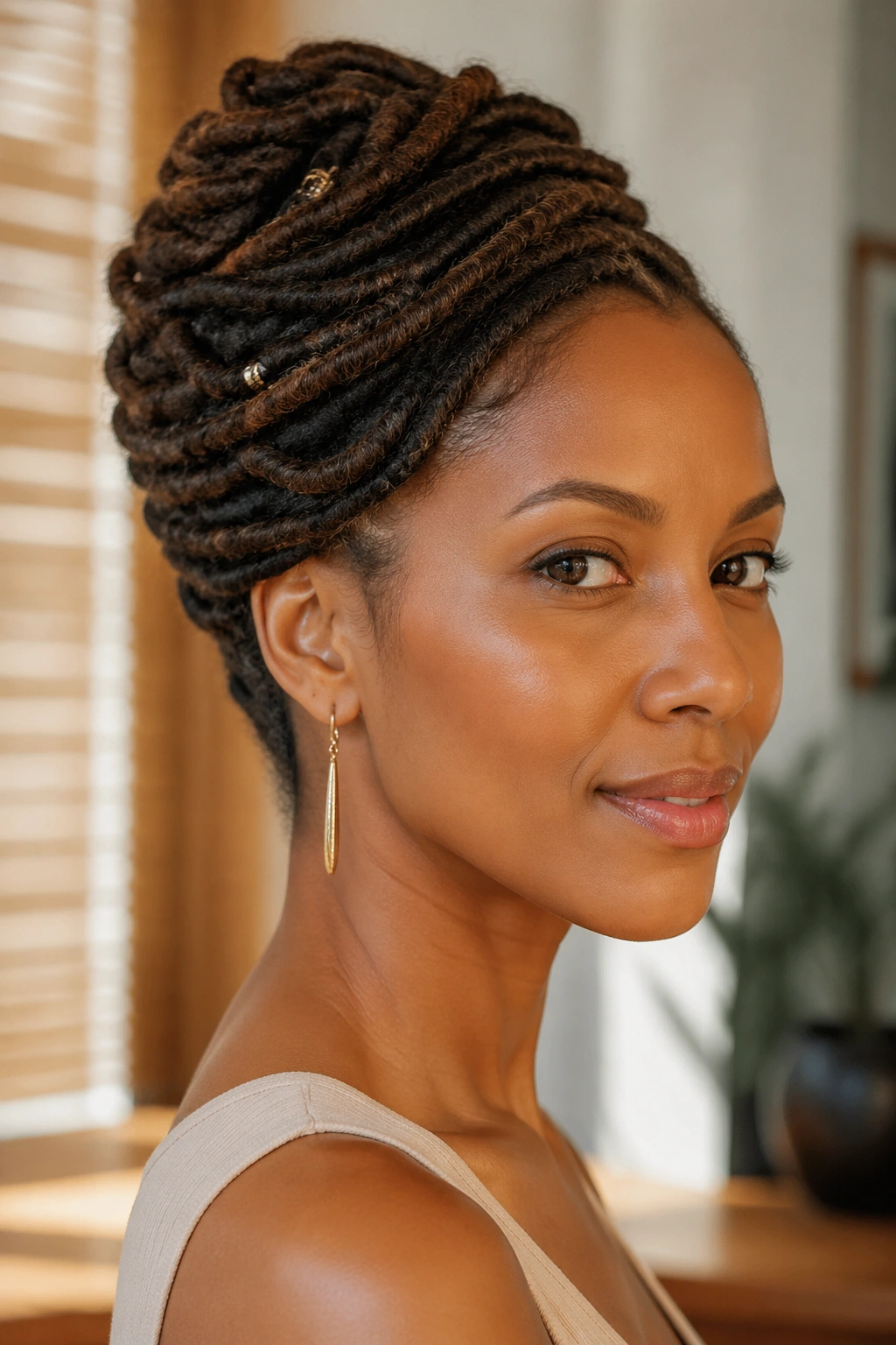 Close-up of a real woman with locs in a vertical French twist secured with pins