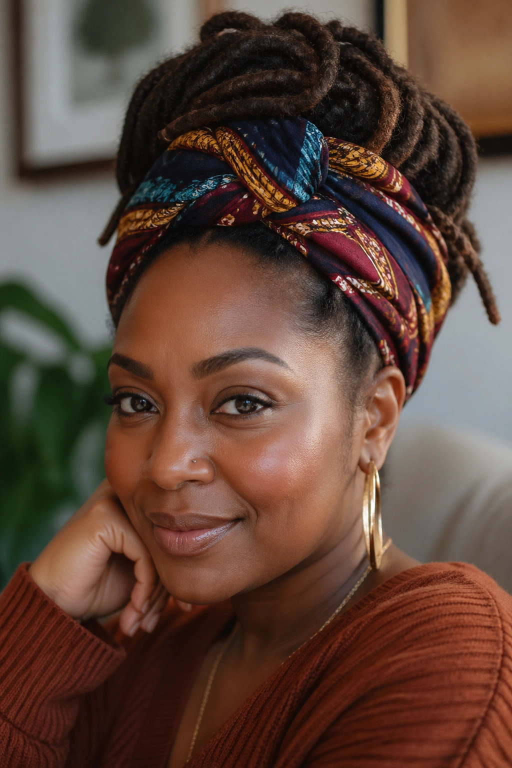 Portrait of a real woman wearing a large head wrap over locs, some locs peeking