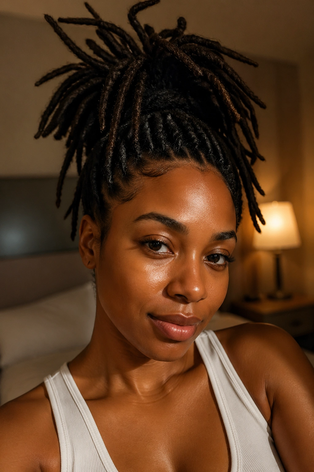 Close-up of a real woman with locs in a high pineapple crown under soft nighttime bedroom lighting