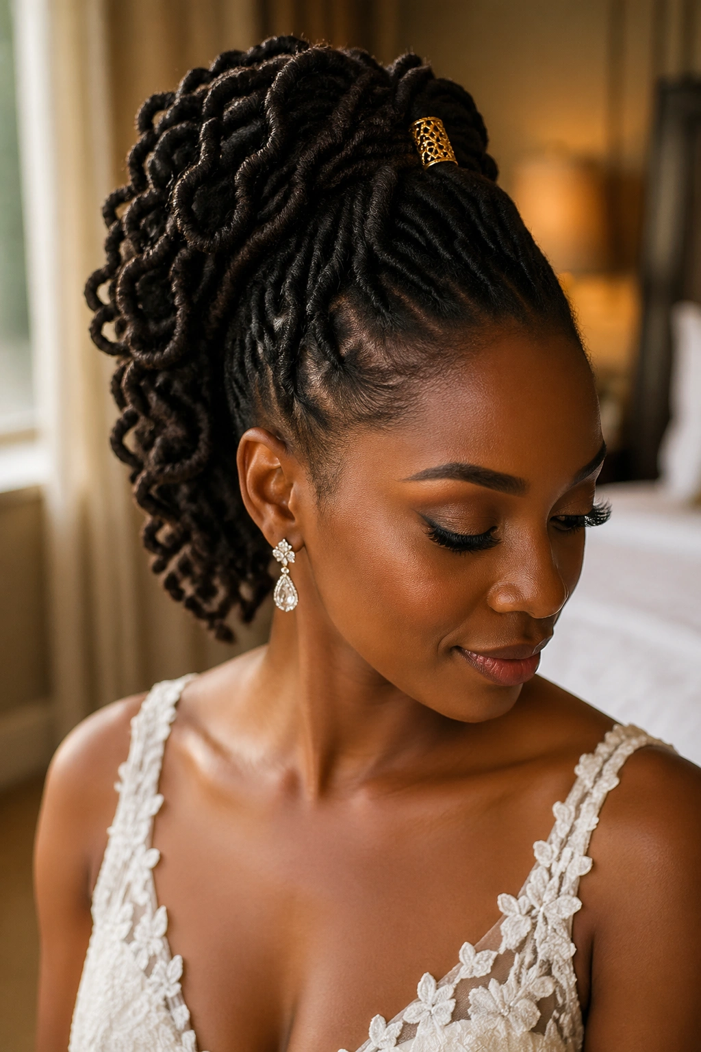 Close-up of a bride with locs styled into a high coiled ponytail with a gold cuff