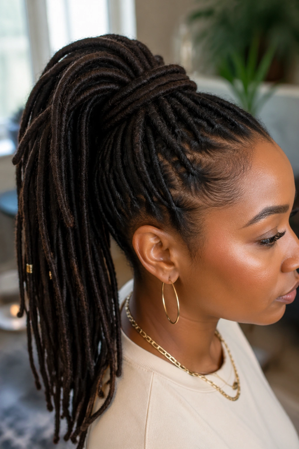 Close-up of a real woman with locs in a high ponytail featuring a wrapped accent