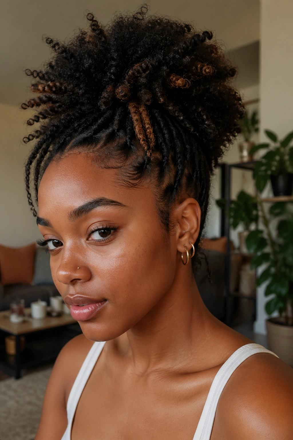 Medium close-up of a real person with locs and puff hairstyle in a living room