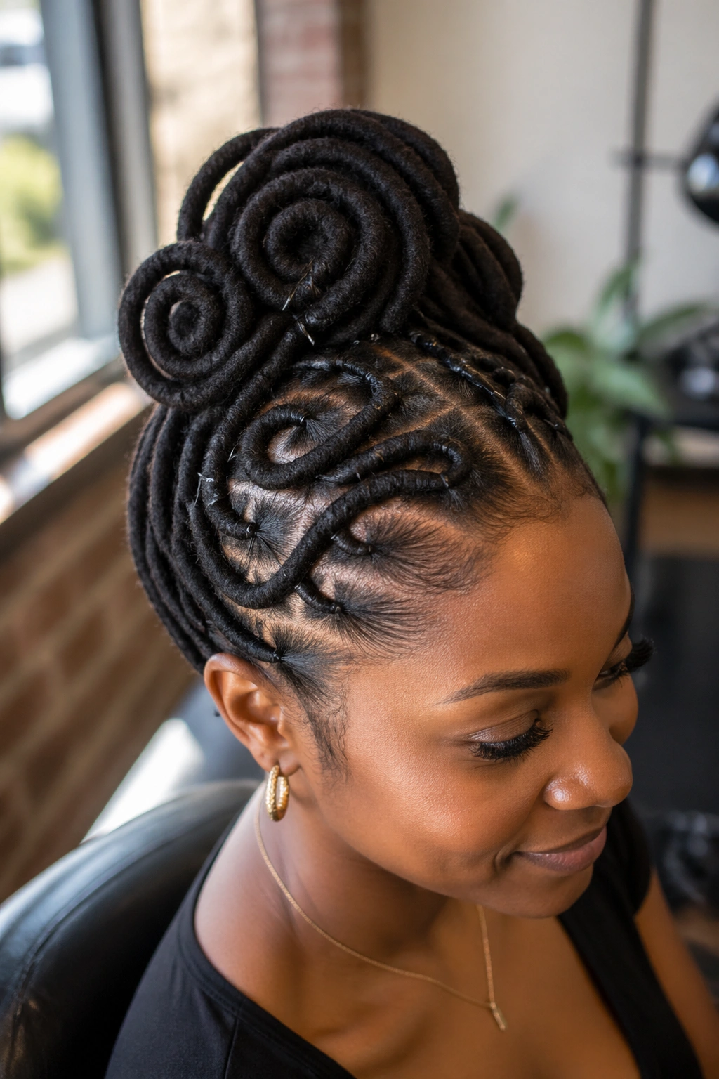 Close-up of a real woman with a sculptural loc pinning updo