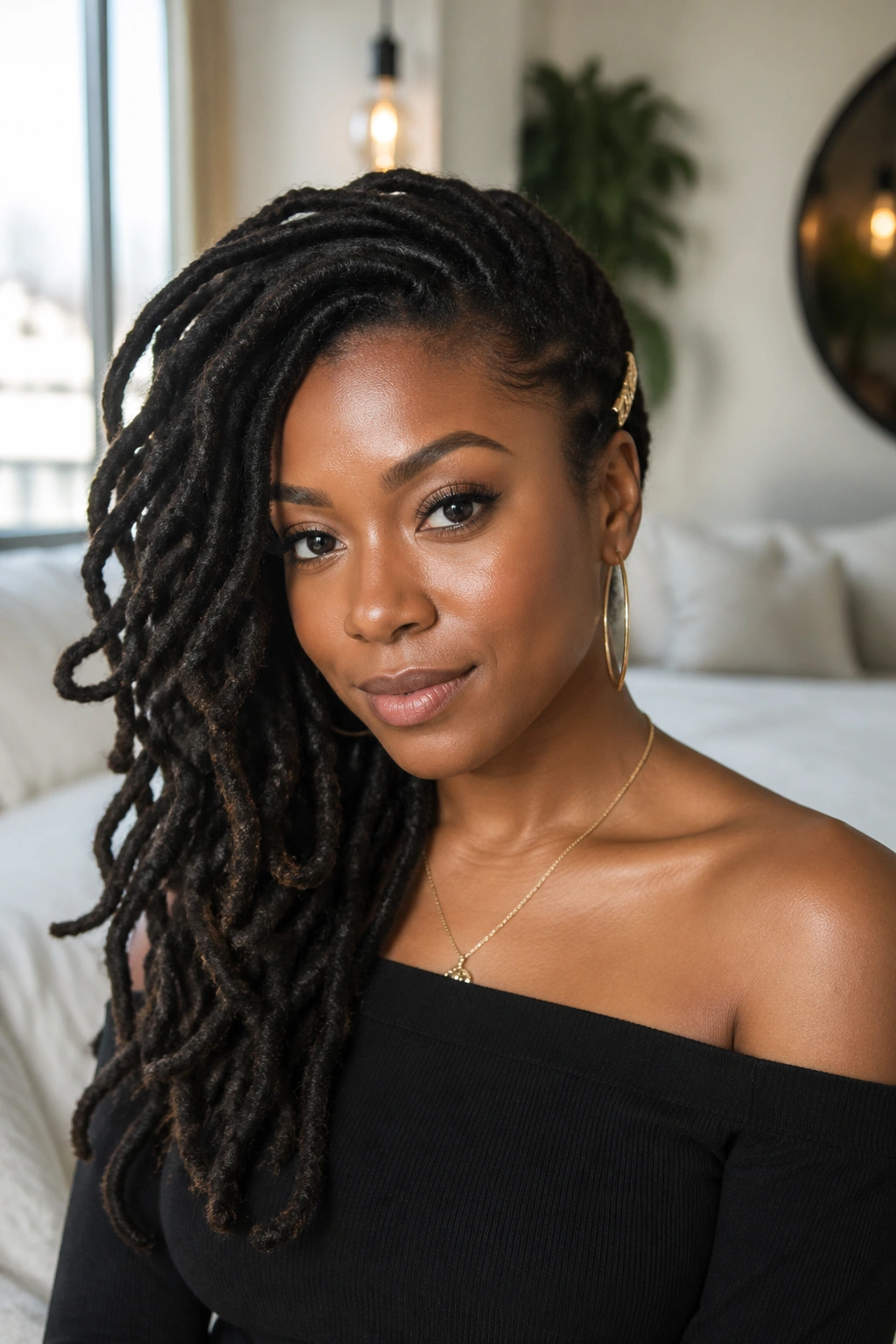 Close-up of a real woman with locs swept to one side