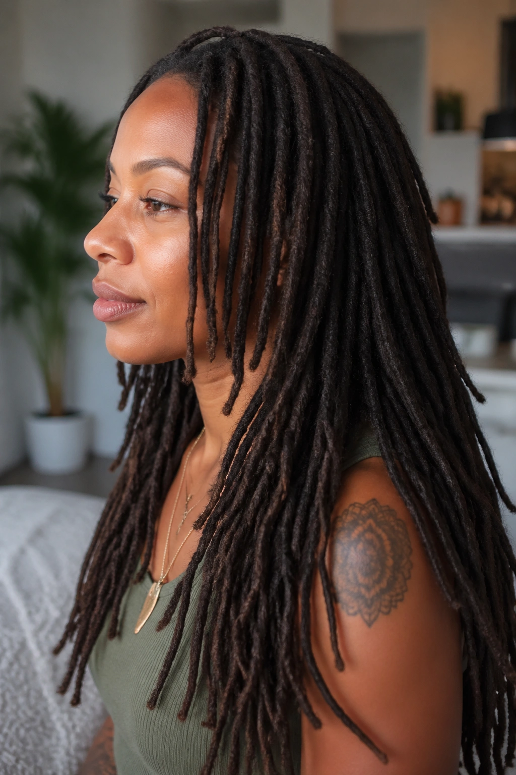 Profile view of a real woman with long natural locs and trimmed layers