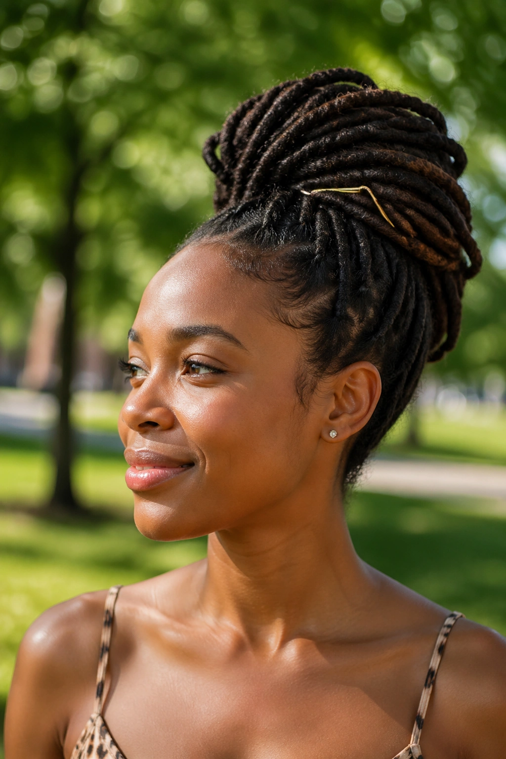 Close-up of real person with loc updo in outdoor setting
