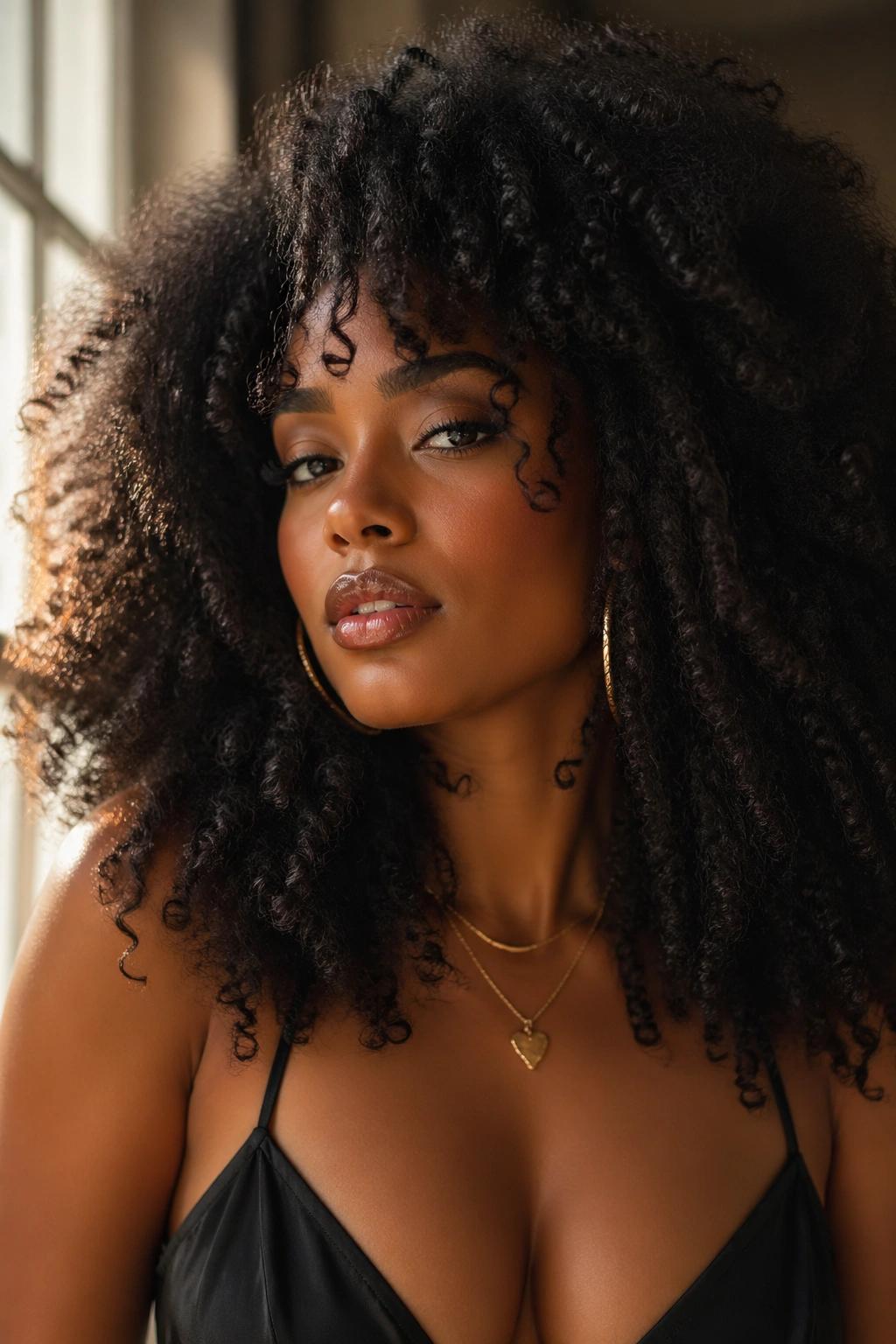 Close-up portrait of a real woman with a long voluminous Afro hair in warm light
