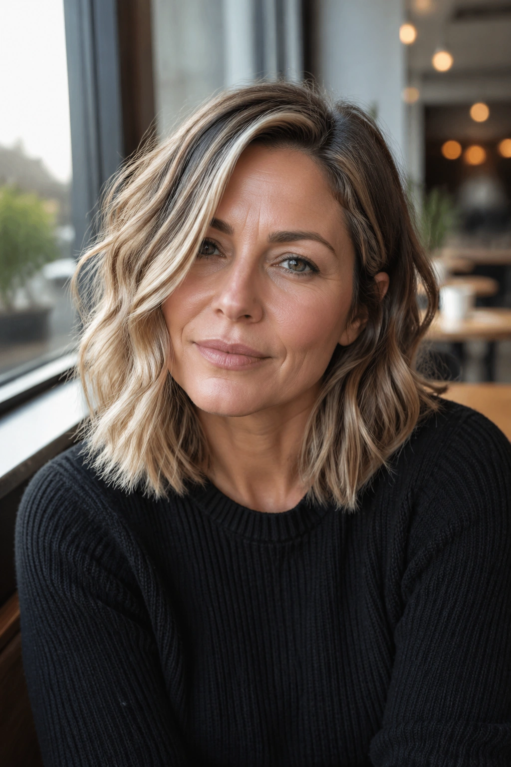 Portrait of a real woman with a long bob and off-center part, waves framing the face