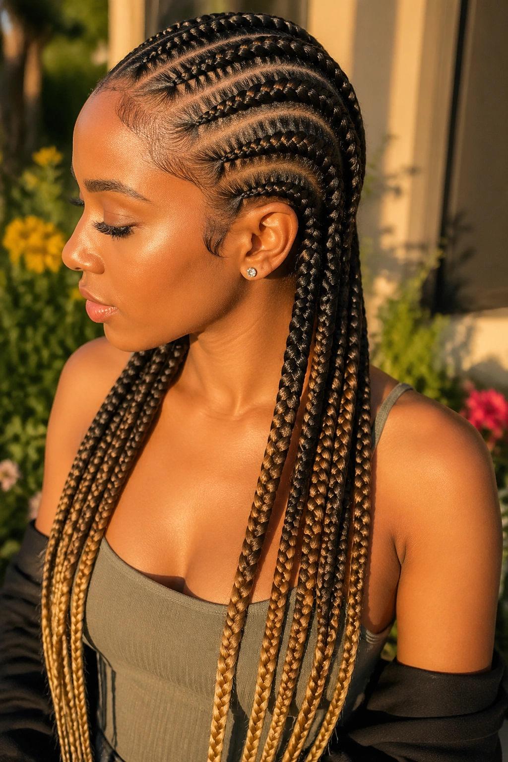 Medium close-up of real person with long honey-ombre feed-in cornrows.