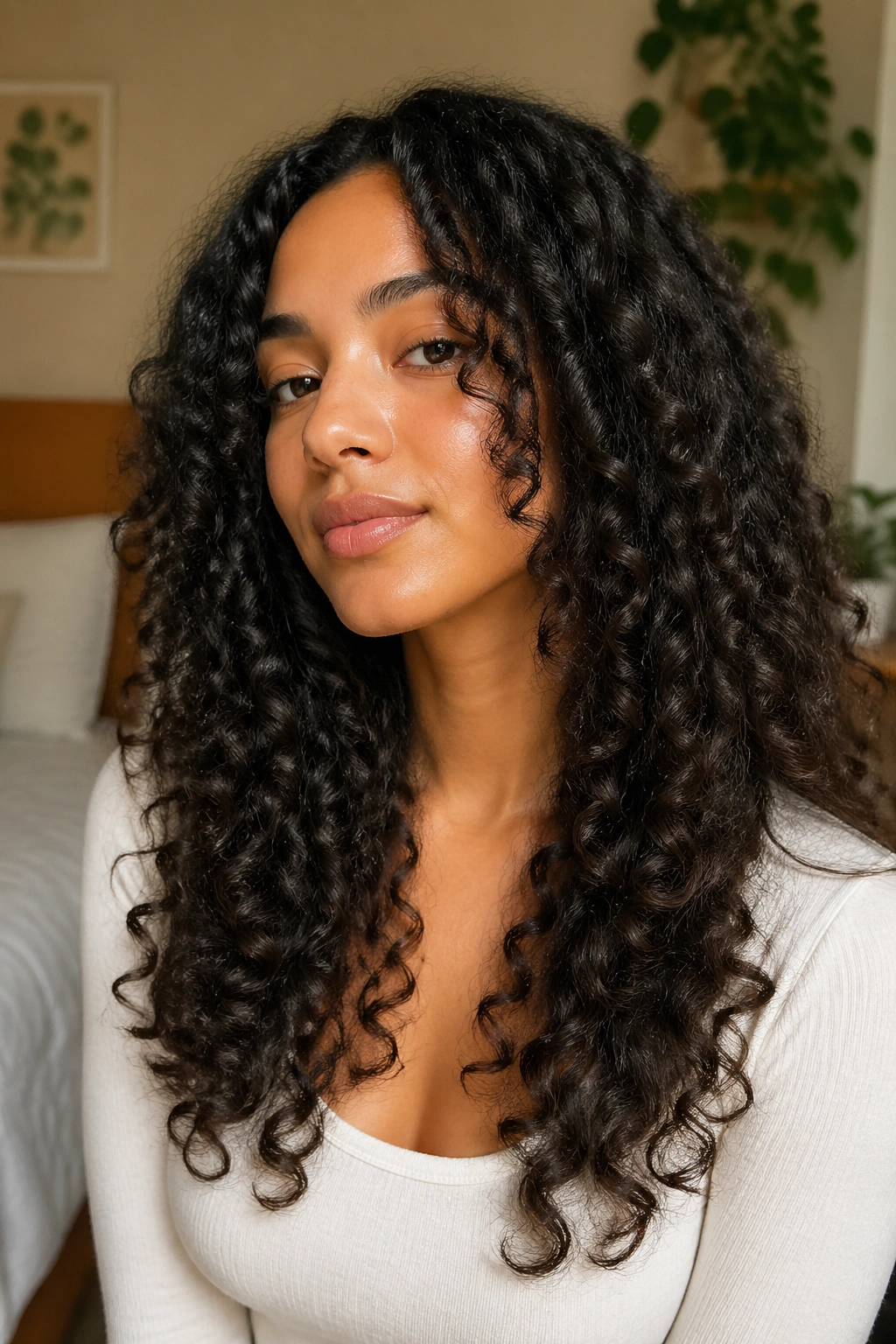 Close-up portrait of a real woman with long curly hair showing classic long layers.