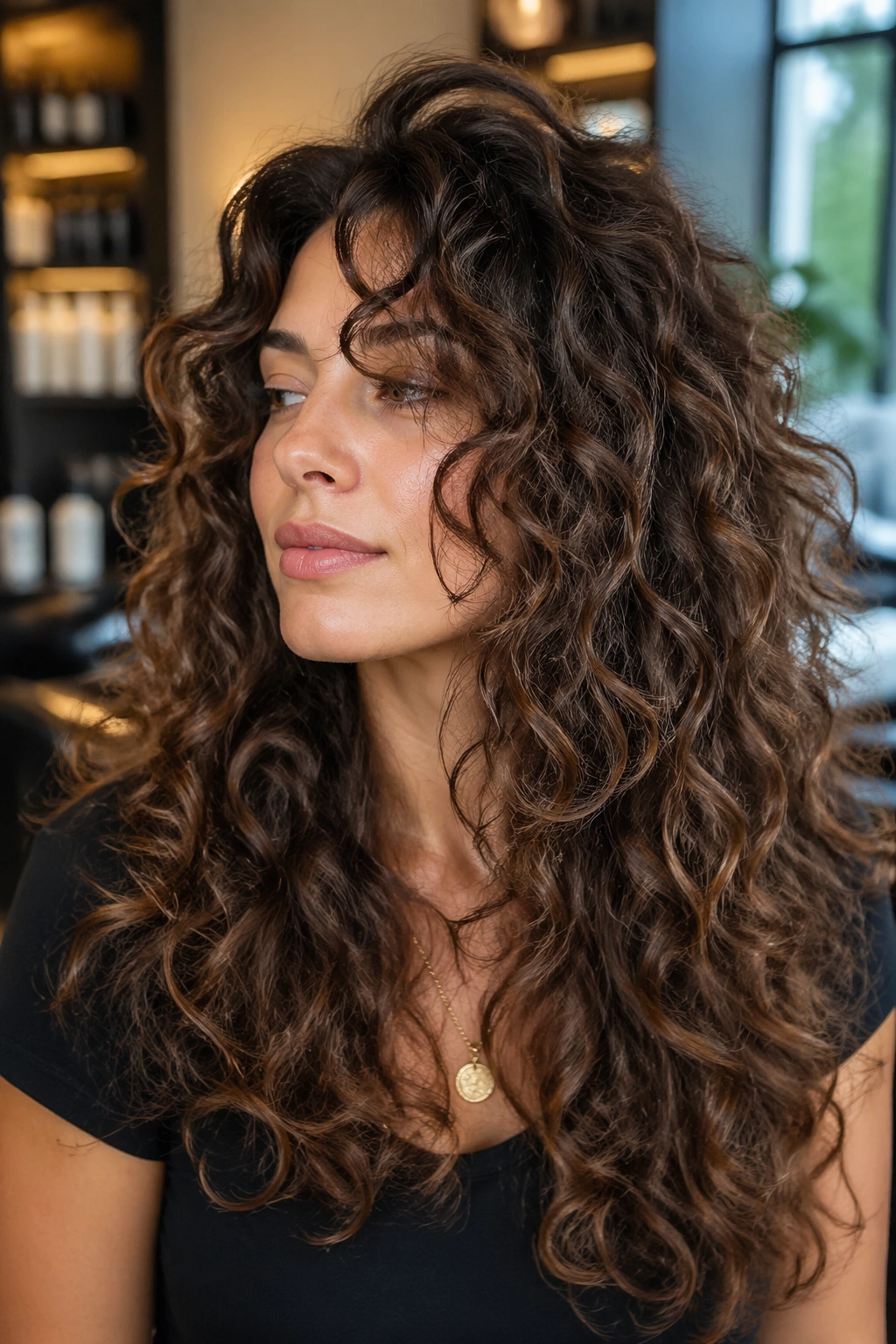 Close-up of a real woman with long curly hair showing razor-cut texture and feathered layers