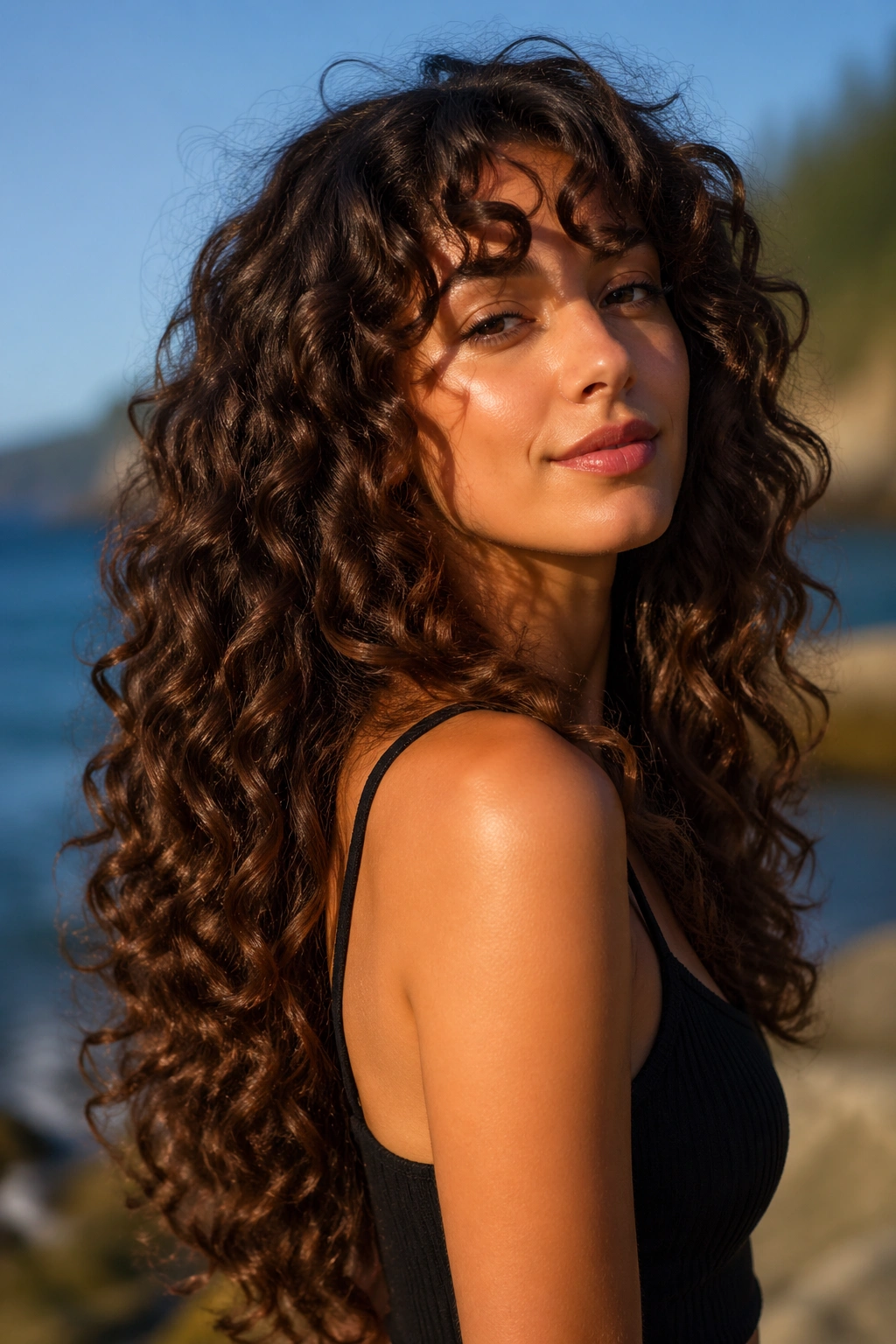 Portrait of a woman with a voluminous long curly haircut showcasing multiple layers.