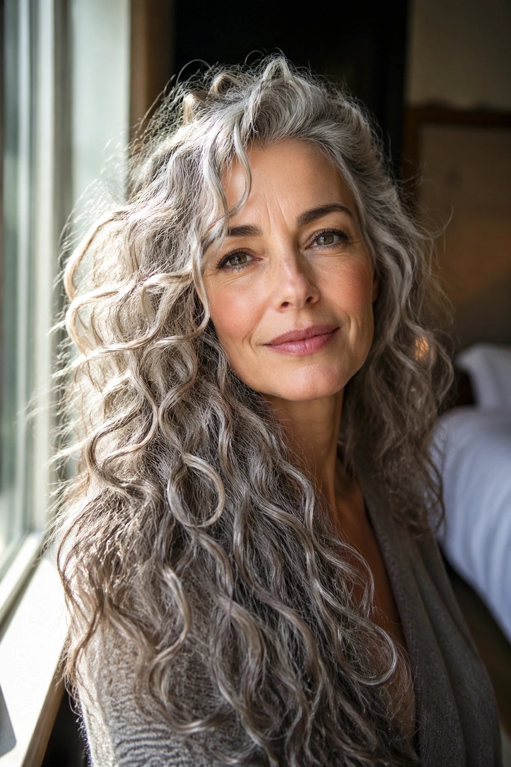 Close-up portrait of a real woman with long grey curly hair lit by natural window light