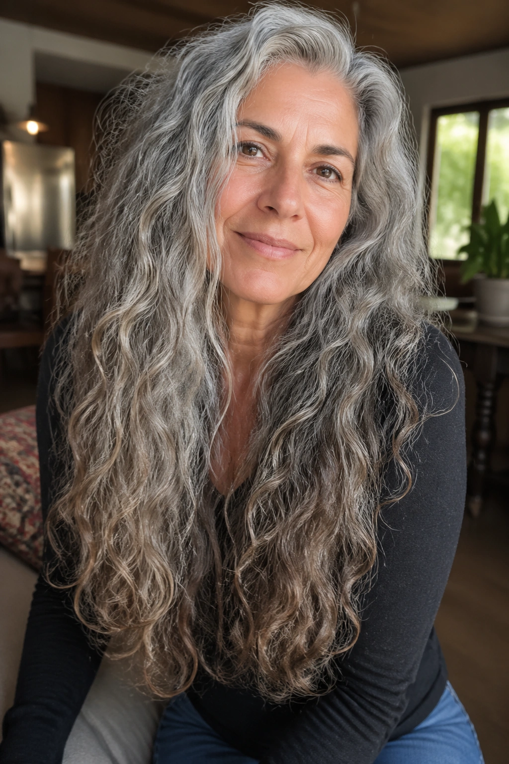 Close-up of a real woman with long grey hair showing texture and length in soft daylight