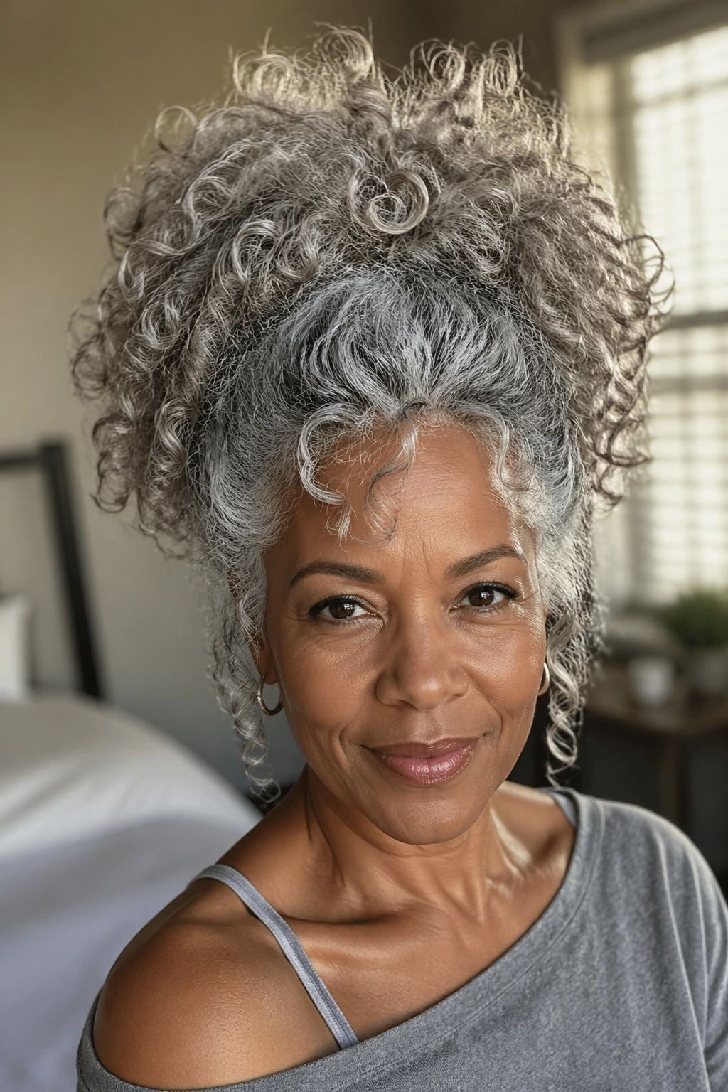 Close-up portrait of a real woman with a dramatic high grey curly hair puff framing the face.