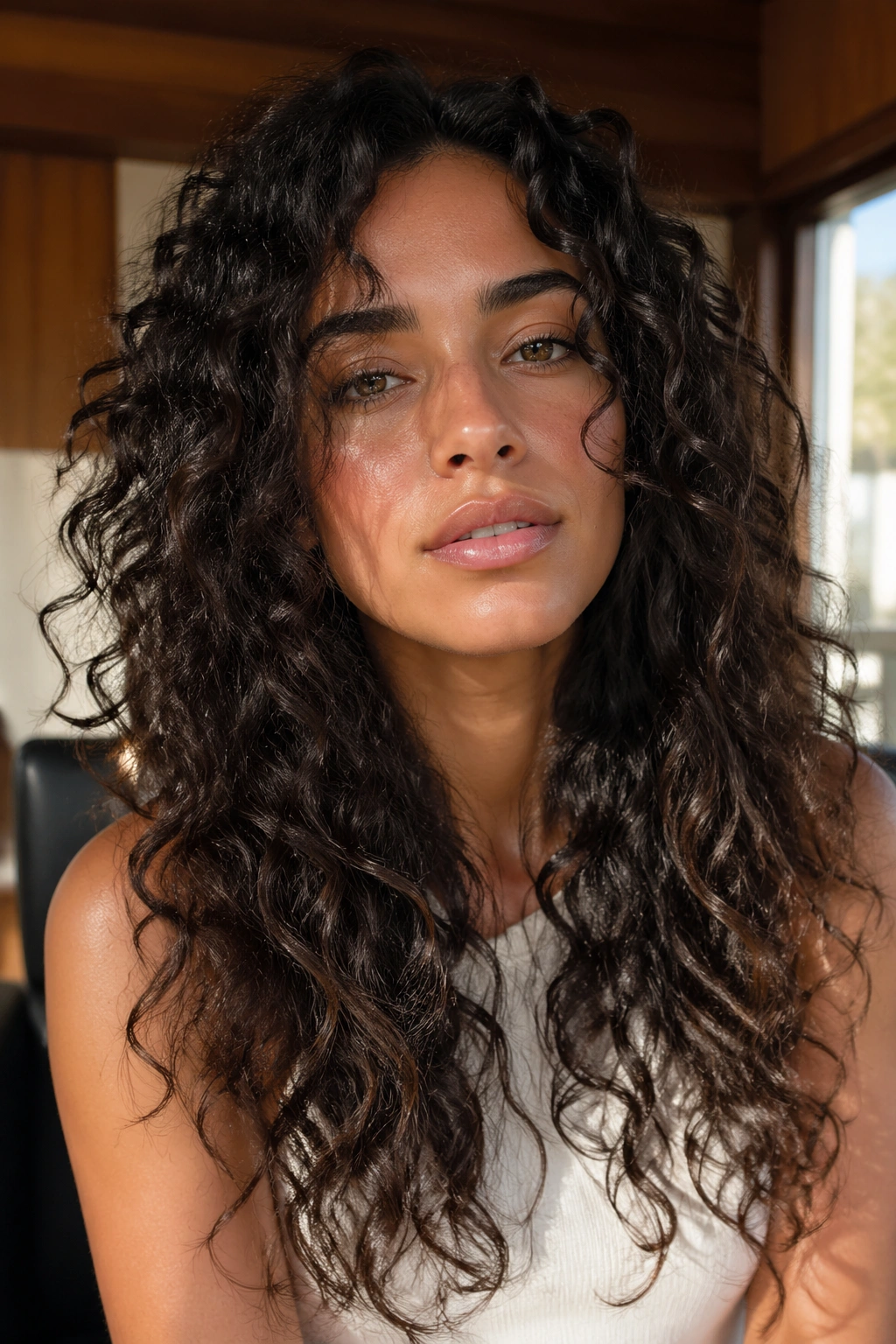 Portrait of a real person with long hair featuring textured irregular ends.