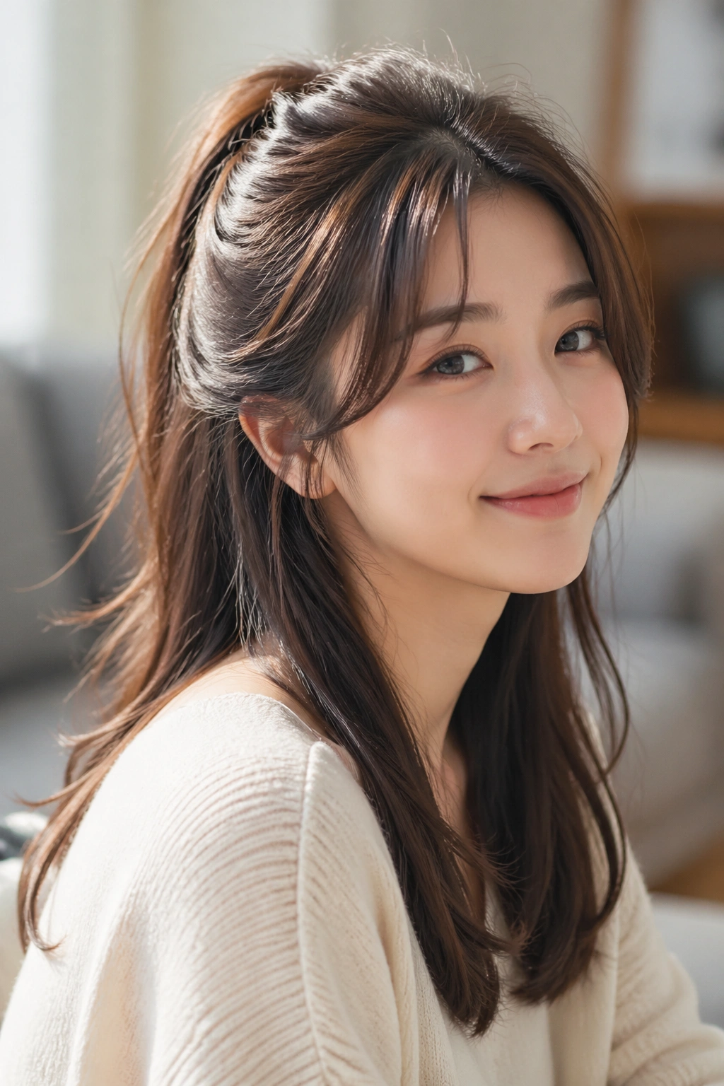 Close-up of a real woman with a long layered half ponytail and loose ends in a cozy room