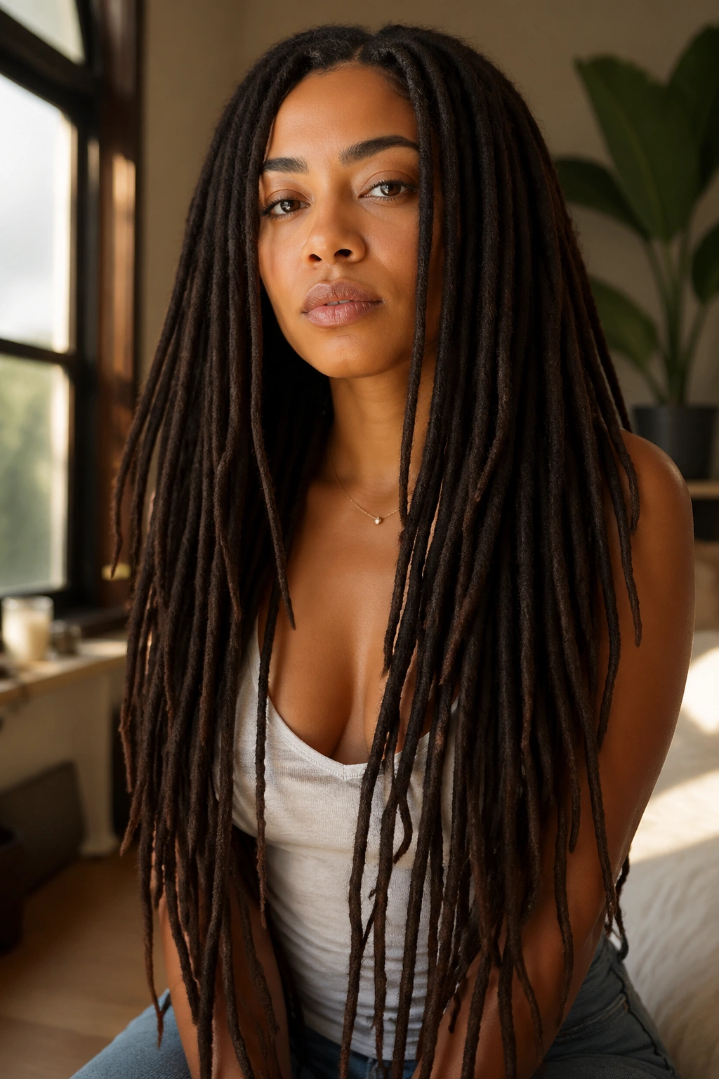 Close-up of a woman with waist-length locs worn loose over shoulders