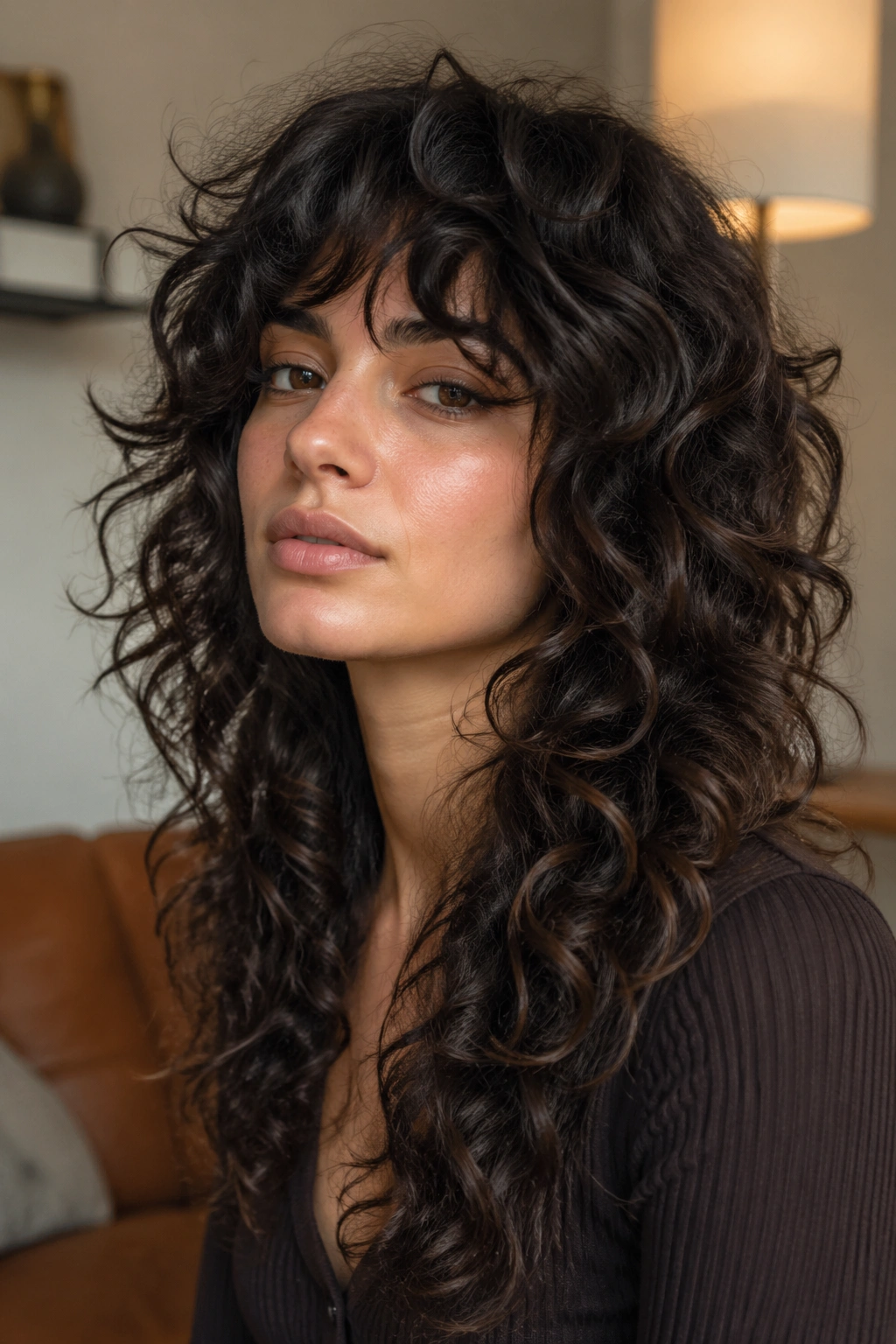Close-up of a real person with long curly shag featuring heavy layering around the face.