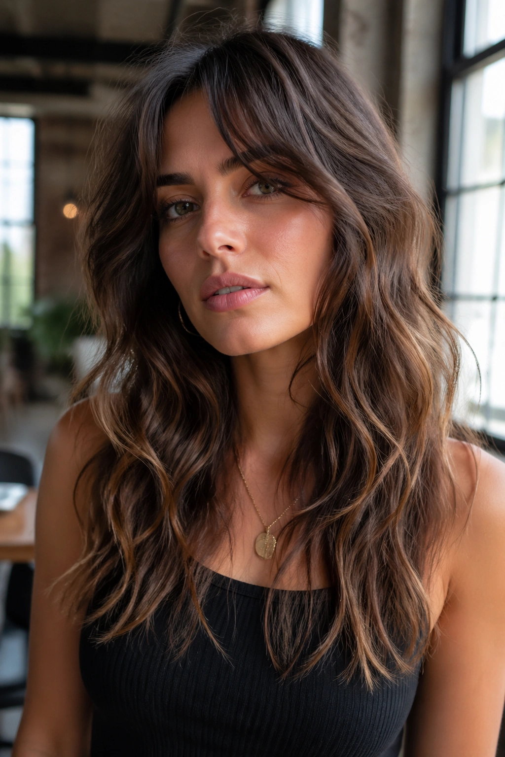 Portrait of a real woman with long shag waves and a soft frame