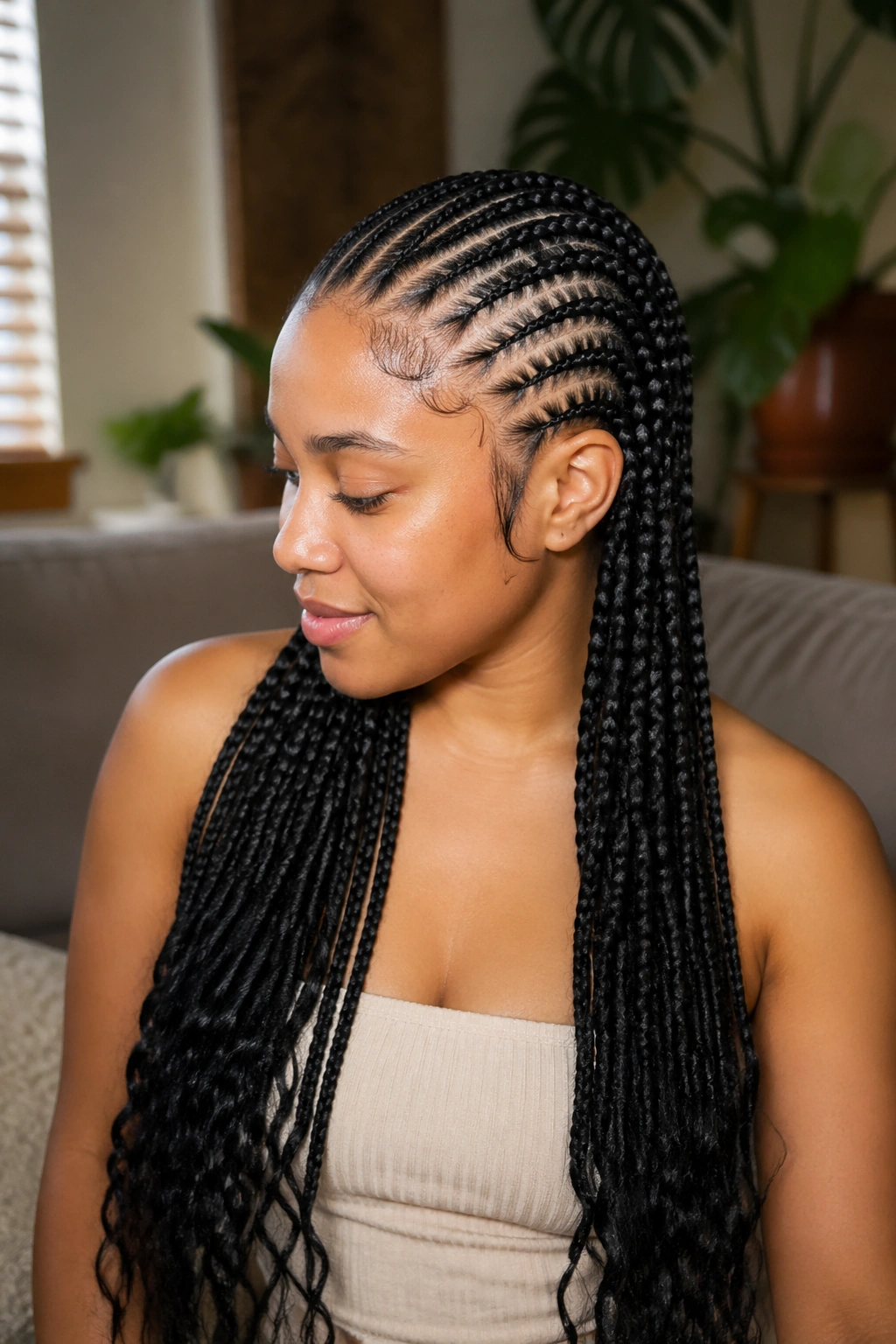 Close-up portrait of a real woman with long stitch cornrows and loose tassels on extension hair.