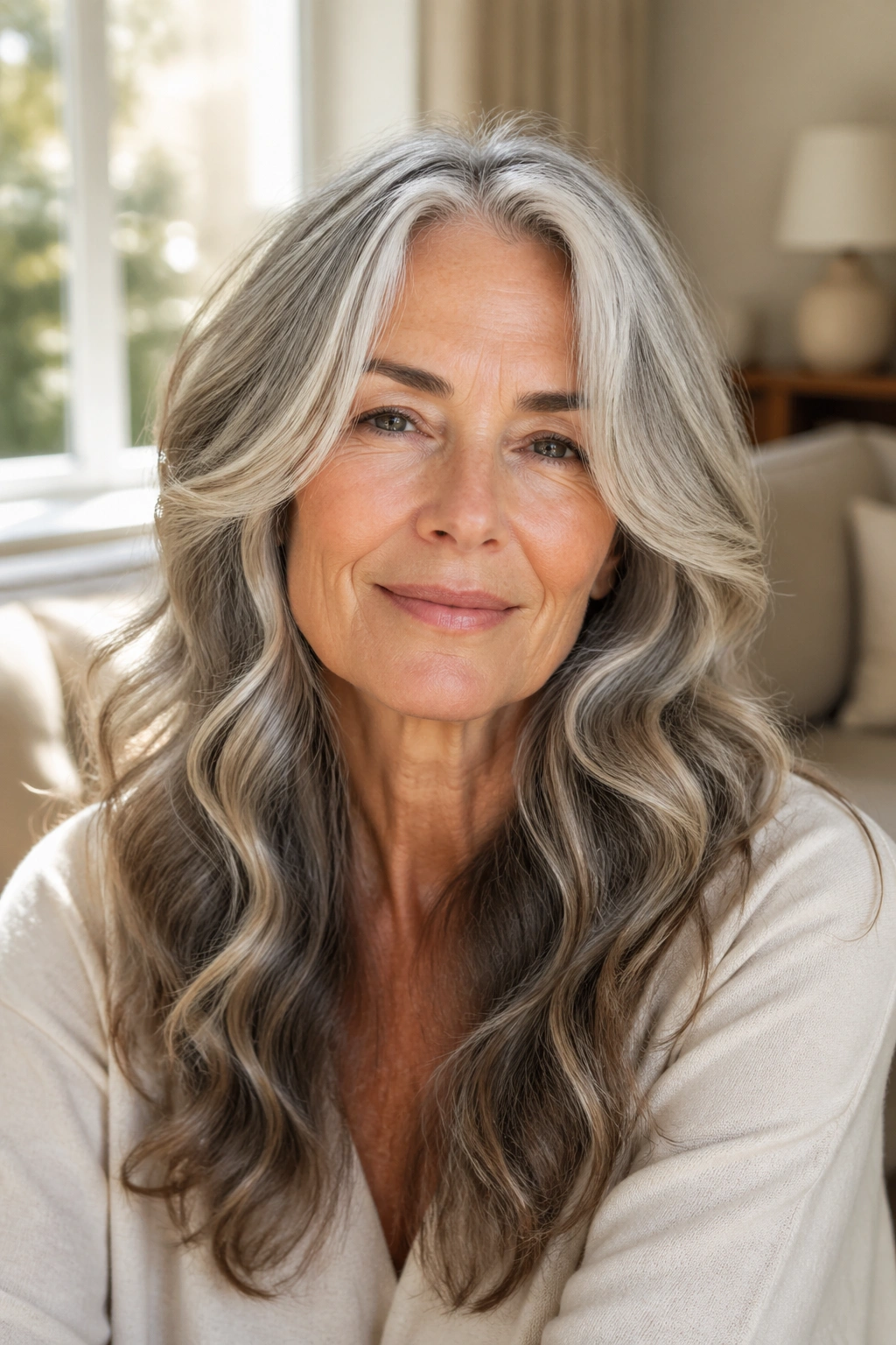 Close-up of a real woman with long waves and face-framing layers in a sunlit living room