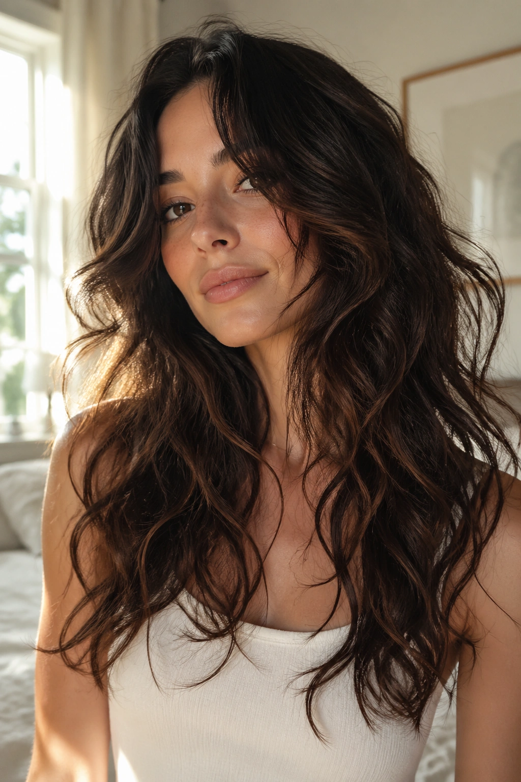 Close-up portrait of a real woman with long layered wavy hair in warm window light