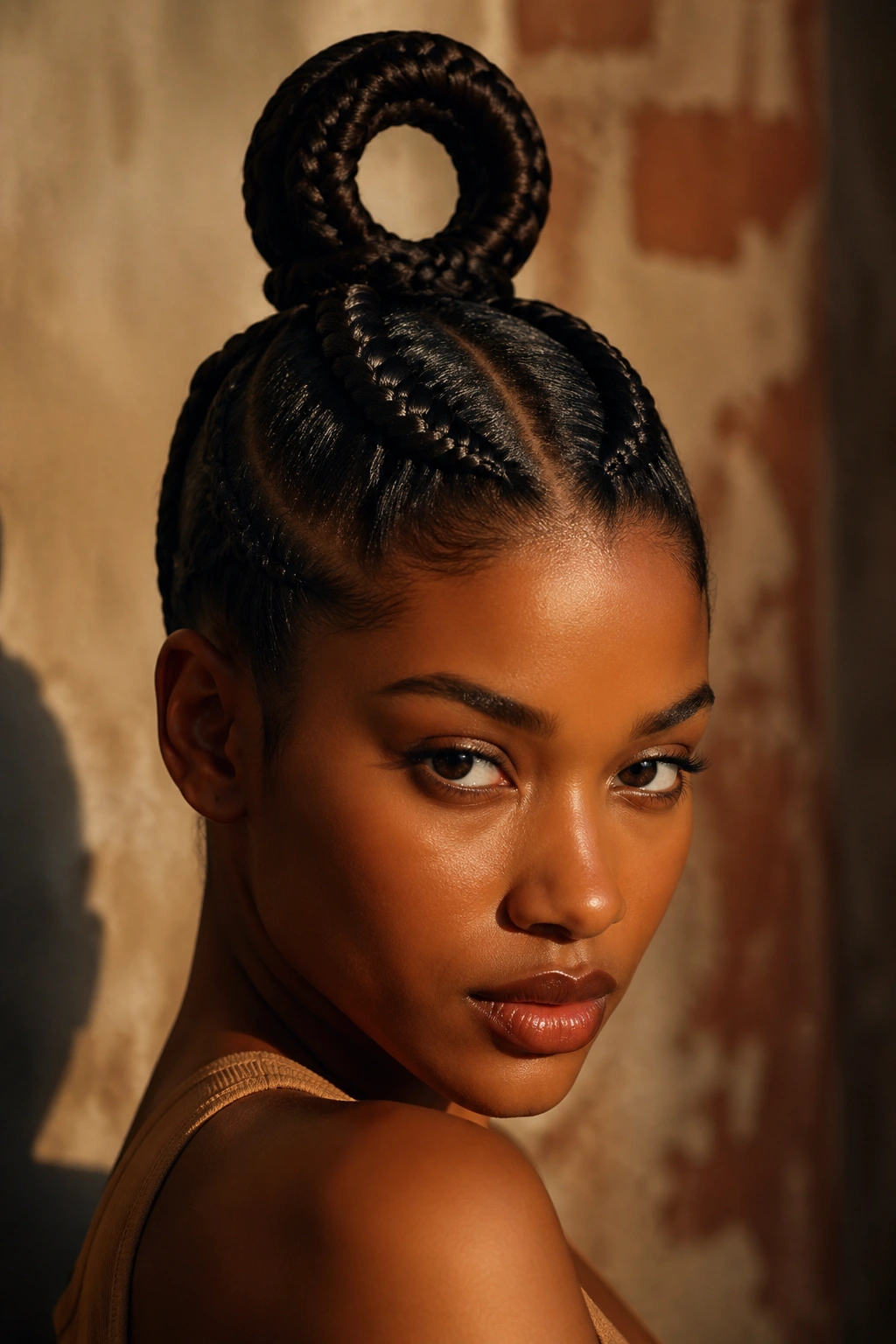 Real woman with a looped ponytail created by looping the braid at the crown