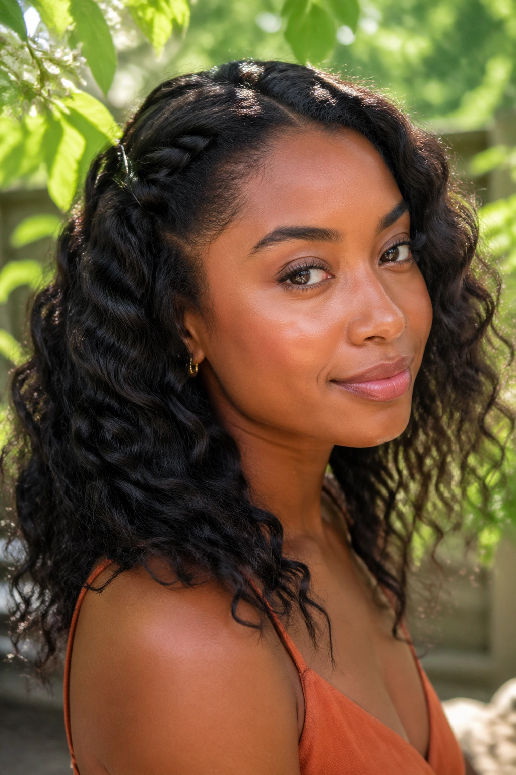 Close-up of a real woman with a loose braid-out in sunny outdoor light