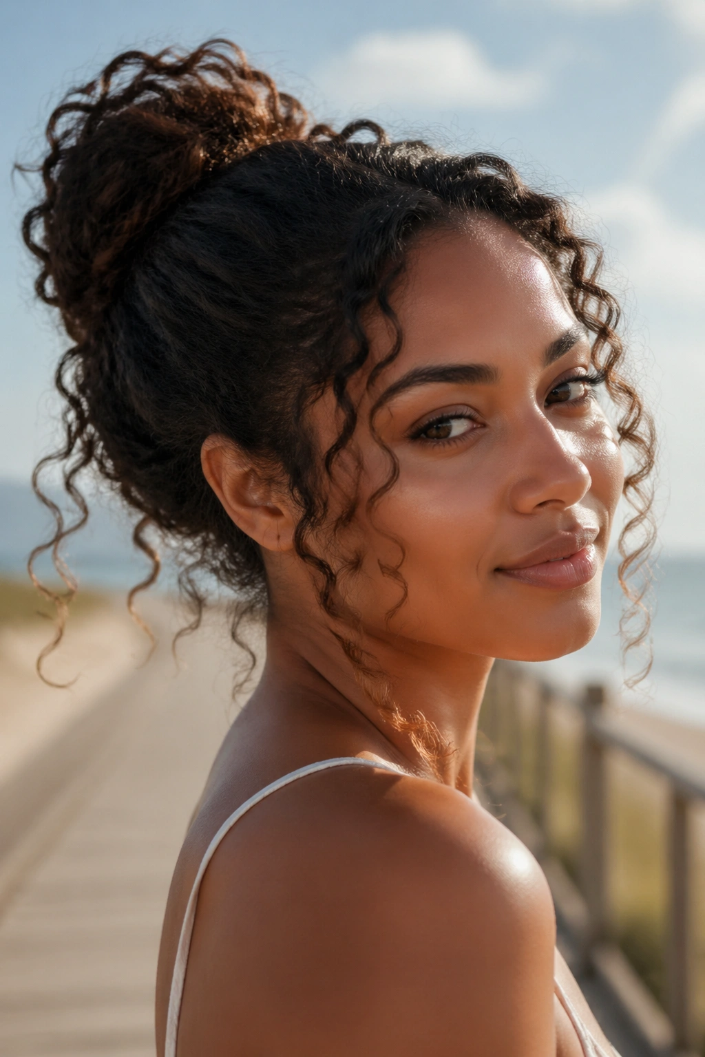 Close-up portrait of a real woman with a loose bun and curly tendrils at the beach