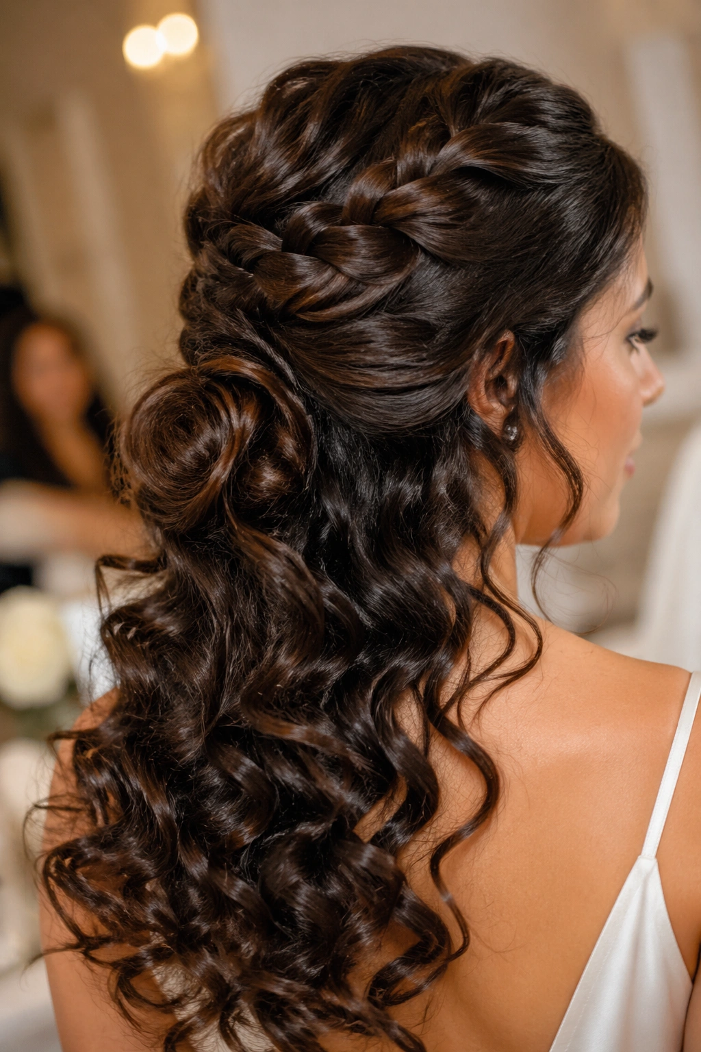 Close-up of real woman's head with a loose French braid forming a half-up loop