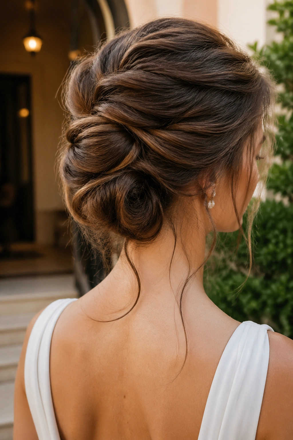 Real woman with loose French twist at the nape and wisps